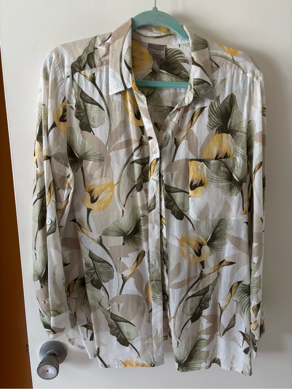 Chico Light Floral Button-Up Shirt - Yellow & Green linen blend size 16